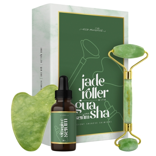 Eco Masters Jade Facial Roller With Gua Sha Tool & Serum - 1x Jade Roller + 1x Gua Sha + 30ml Vitamin C Serum